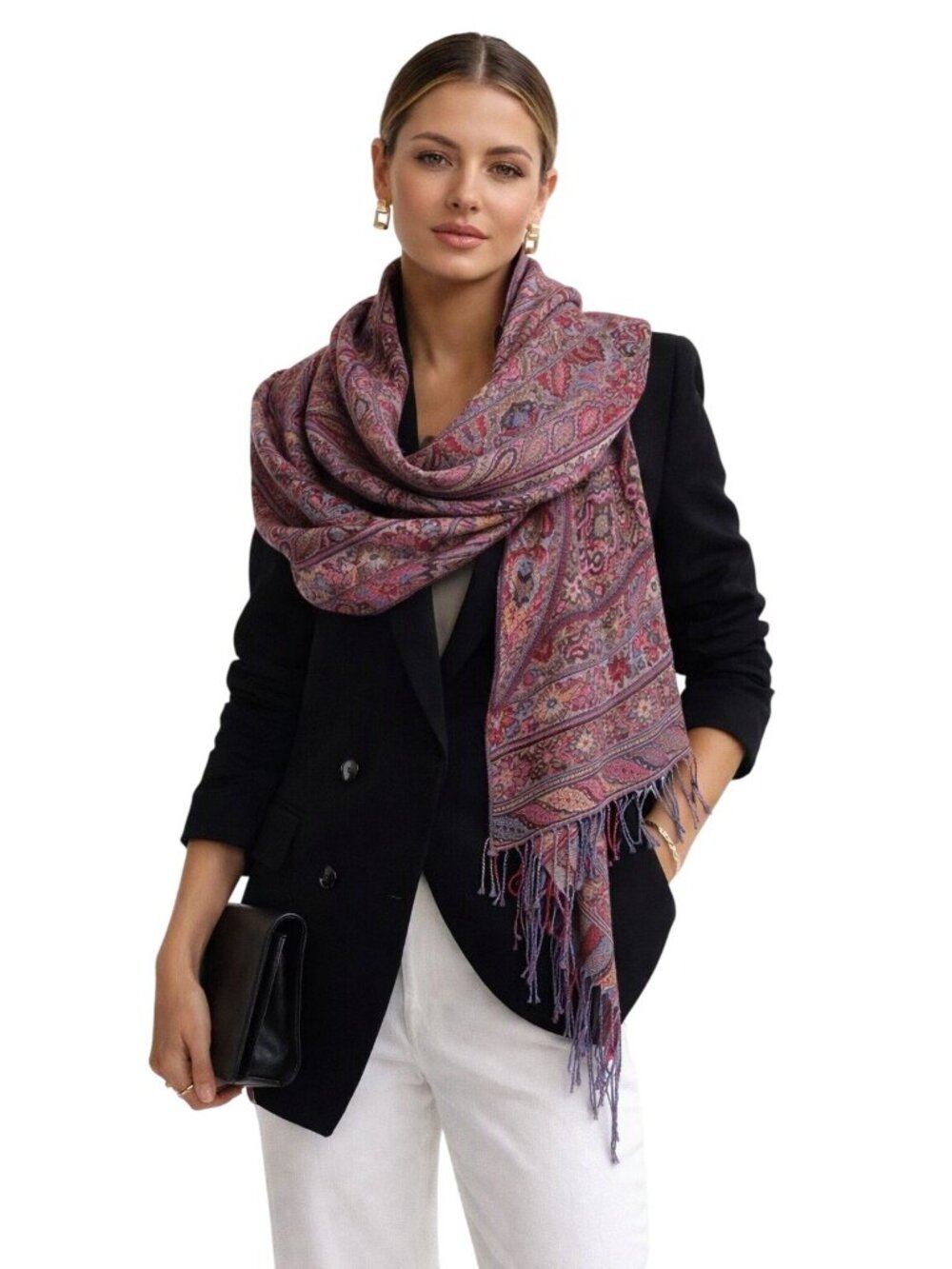 Kashmir Shawls Paisley Pattern Fringed Wrap Scarf In Red & Purple Quiet Luxury